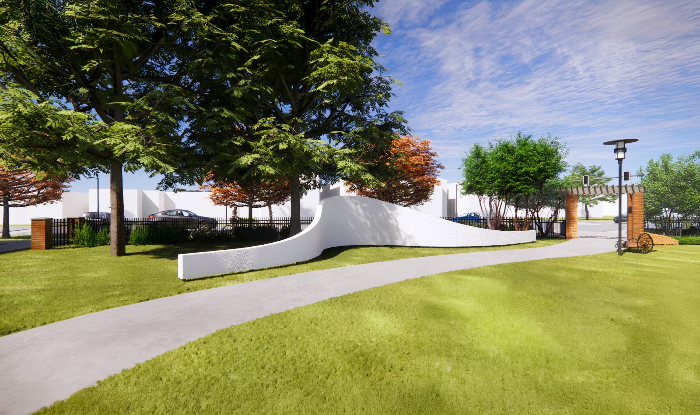 Rendering of the installation structure - a white, wavy wall without its tiles - in Clifton Court